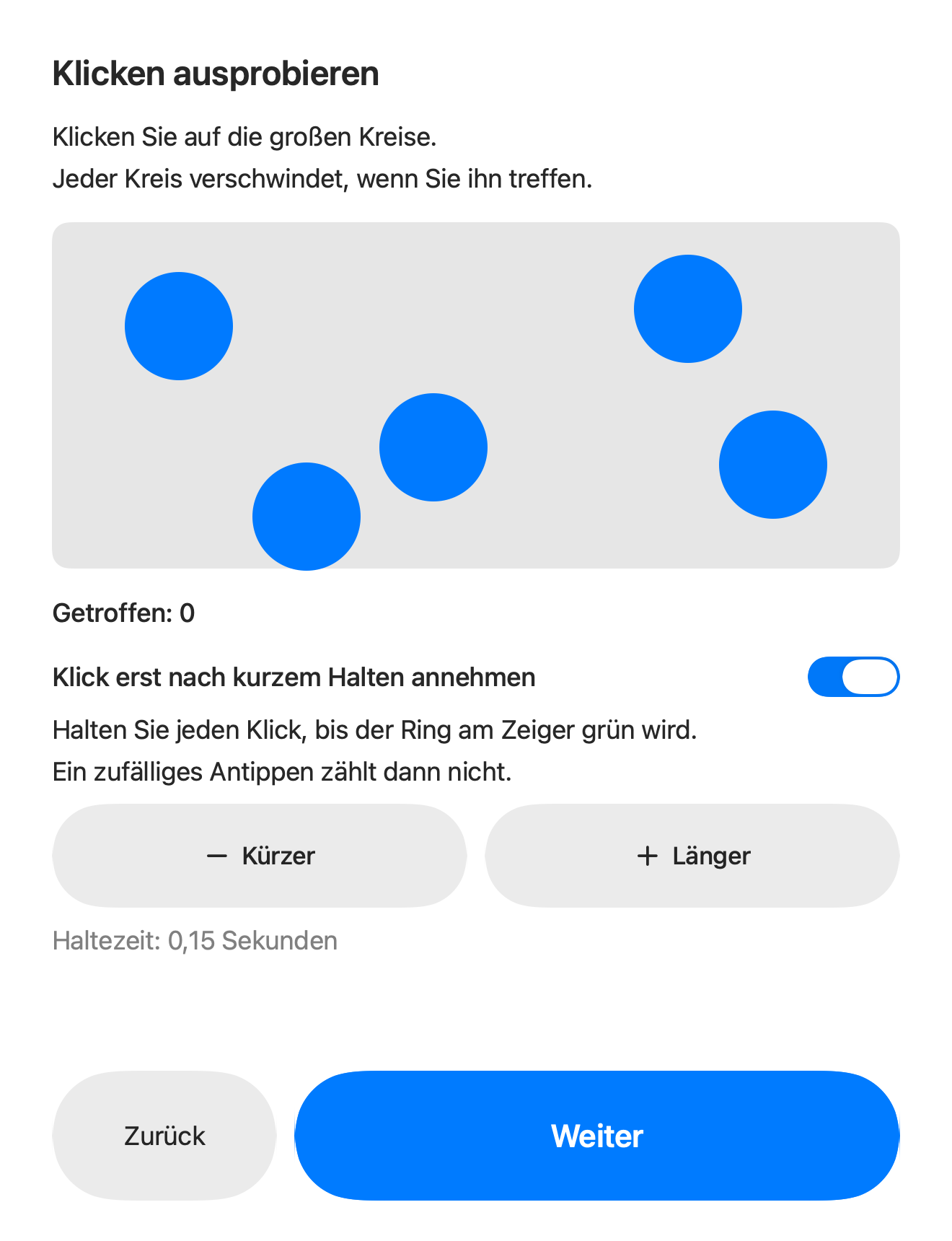 Das Übungsfeld: fünf große blaue Kreise, ein Zähler „Getroffen“ und die Haltezeit für den Klick.