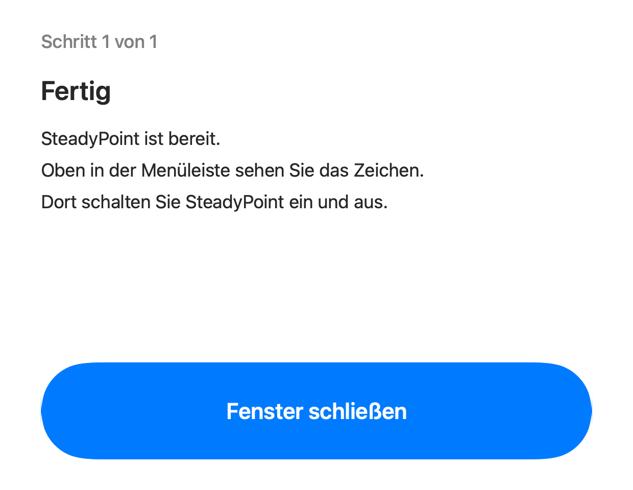 Die Einrichtung, Schritt „Fertig“: „SteadyPoint ist bereit“ mit großem Knopf „Fenster schließen“.
