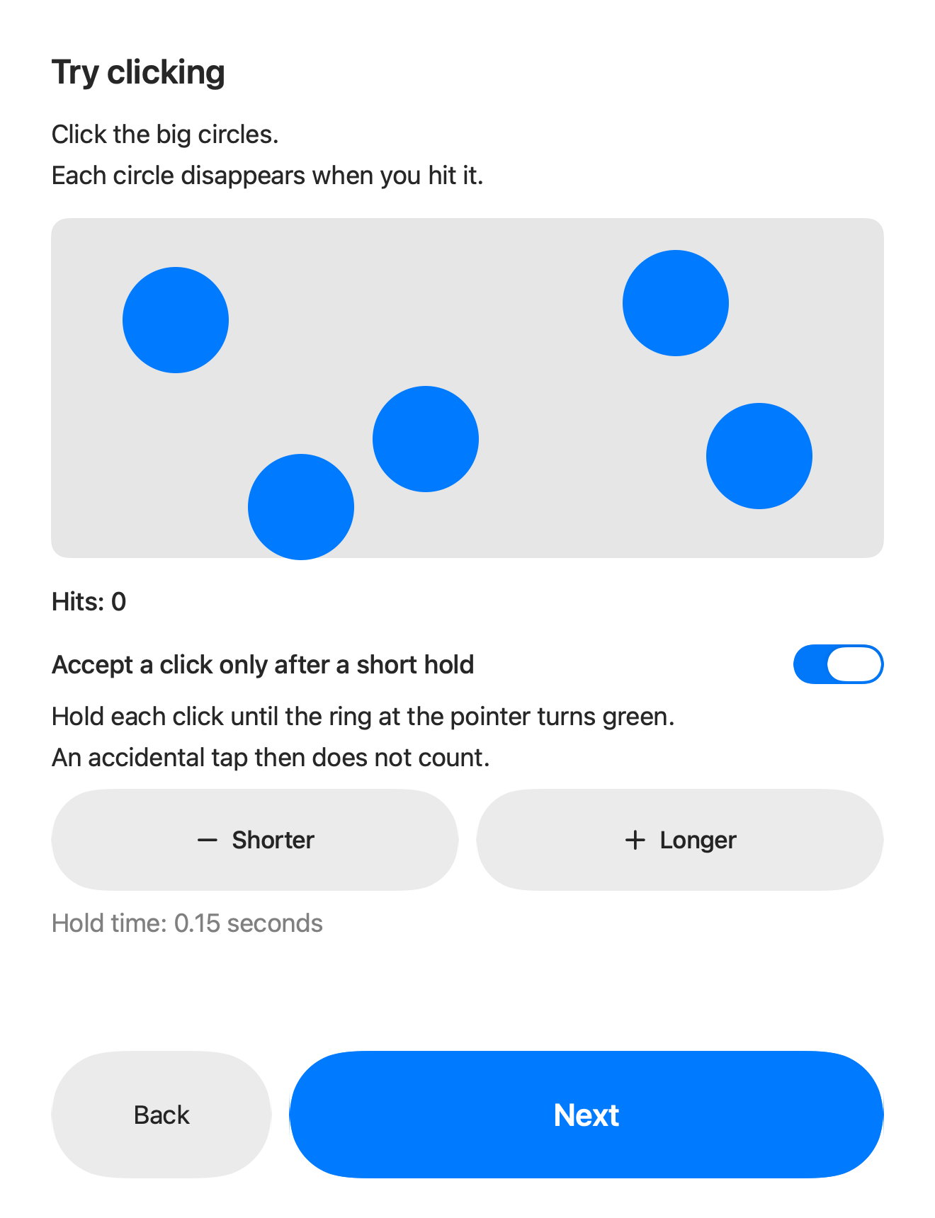 The practice field: five large blue circles, a hit counter and the hold time for a click.