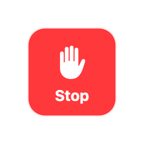 The red emergency stop button: a red square with rounded corners, a white hand and the label “Stop”.